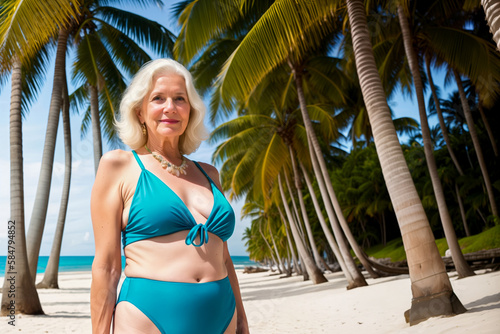 Portrait of a beautiful cute old grandmother with white gray hair in a light blue swimsuit on a sunny day on a sea beach with palm trees. Generative AI.