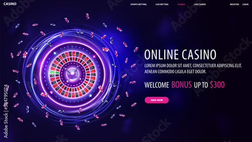 Wallpaper Mural Online casino, web banner with offer, button and Pink and blue rotate neon Casino Roulette wheel with poker chips Torontodigital.ca
