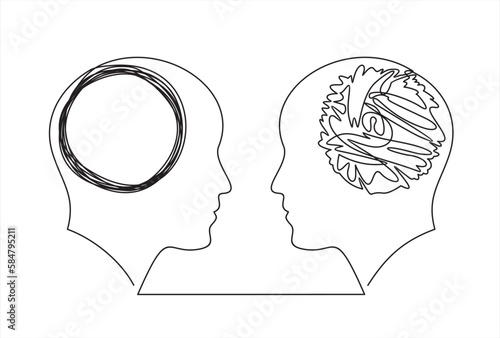 Chaos and order abstract minimalist concept vector illustration. Metaphor of disorganized difficult problem, mess with black single continuous tangle thread in need of unraveling isolated on white