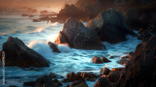 Backlit by a dramatic sunset, a coastal rock formation in Big Sur is captured in a moody and ethereal telephoto shot, Created with generative Ai Technology. 