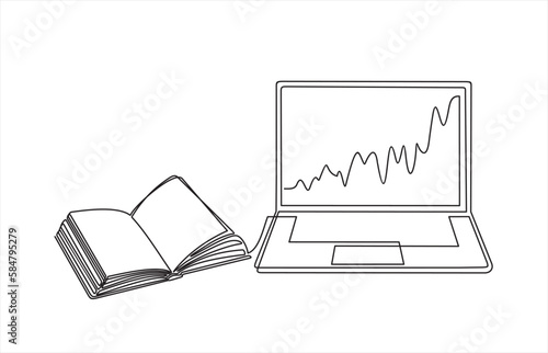continuous one single line drawing of laptop with graph growth indicators on screen and open book. The concept is the growth of stock finance isolated on white background. Vector illustration