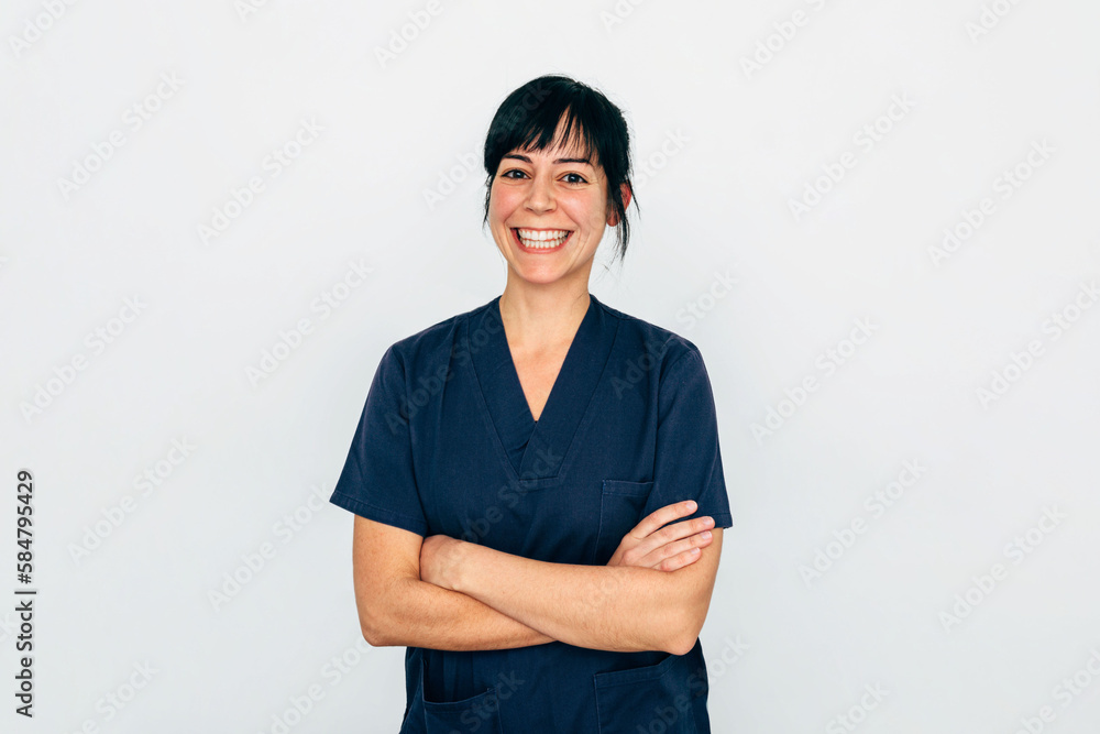 Portrait of happy biologist over white wall Portrait of happy biologist over white wall