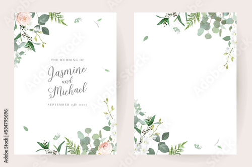 Floral eucalyptus selection vector frames. Hand painted branches, pink rose flowers, leaves