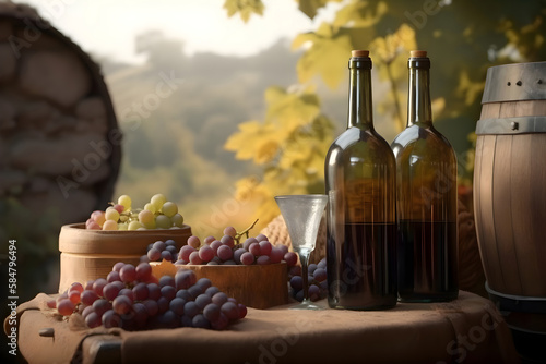 Red wine in bottles, in barrels, tasting glass, grapes on wooden table in vineyard, Generative AI
