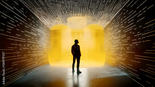 Fototapeta Naklejka Na Ścianę i Meble -  Man standing in cloud vault, tech business forward big data, cybersecurity, global reach, networking communications, digital graph yellow 3d ai render