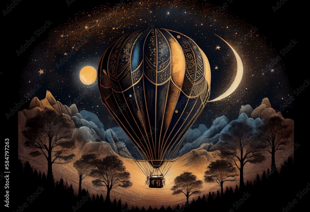 Hot air balloon in the night sky, with engraving, luxury, esoteric, boho, spiritual, geometric