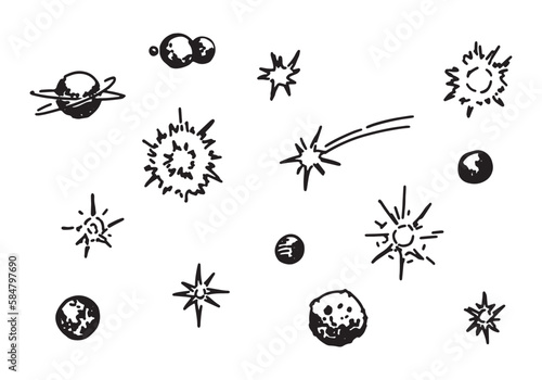 Cosmic space doodles set. Outline drawings of planets, stars, comet. Simple astronomy sketches. Hand drawn vector illustration isolated on white.