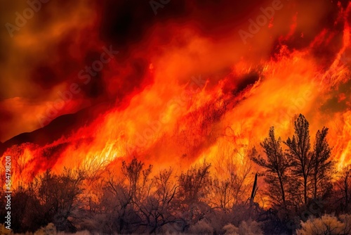 Raging Wildfire Engulfing Dry Landscape