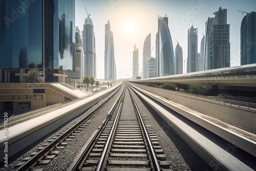 Modern railway cutting through a futuristic cityscape