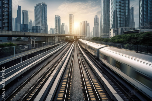 Modern railway cutting through a futuristic cityscape