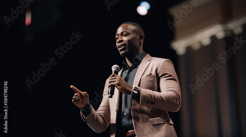 A fictional person. Influential Black Male Speaker Inspiring Business Conference Attendees
