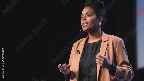 A fictional person. Black female speaker delivering an inspiring presentation at a business conference