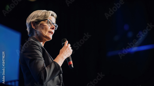 A fictional person. Influential female speaker inspiring at a business conference