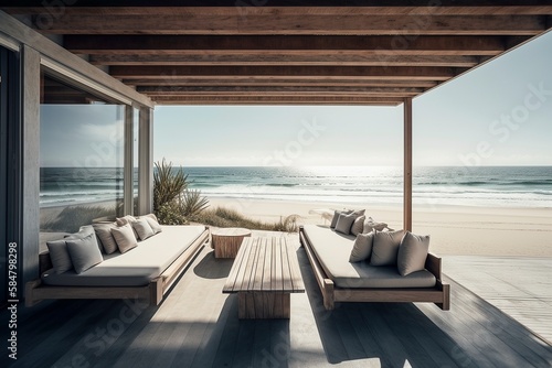 Modern Beach House Lounge with Ocean View  Generative AI