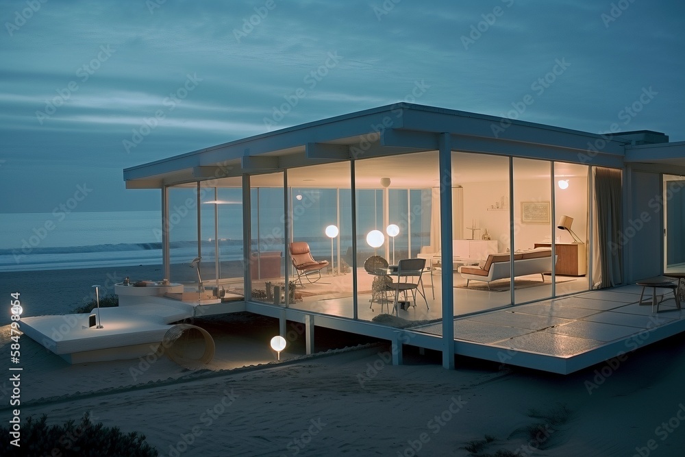 Obraz premium Modern Beach House with Ocean View at Dusk, Generative AI