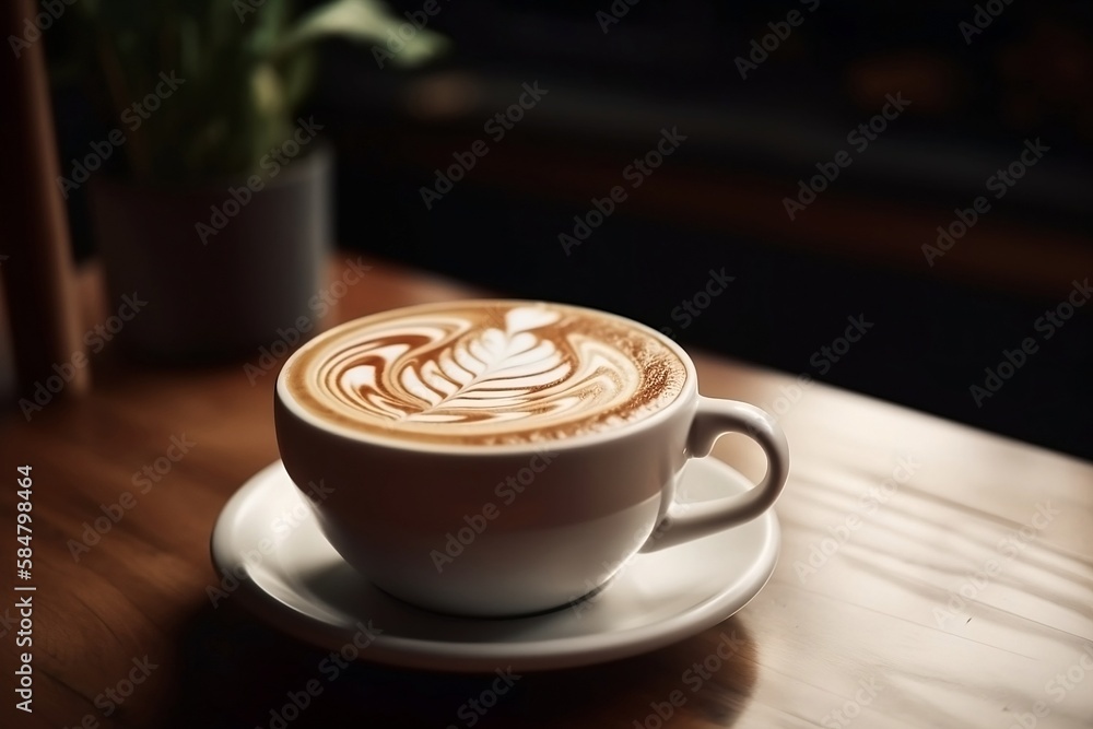 Close up of Hot Latte Coffee in White Cup with Foam - Cafe and Coffee Shop Background with Blur Effect Close up of Hot Latte Coffee in White Cup with Foam - Cafe and Coffee Shop Background with Blur Effect