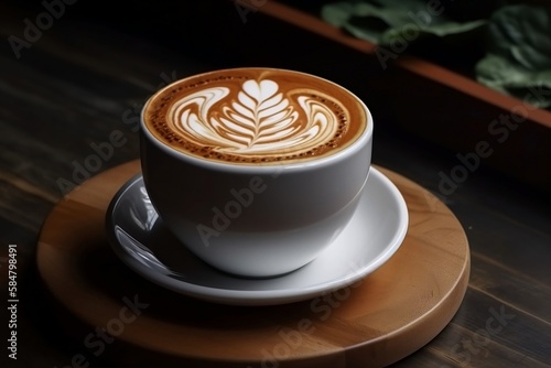 Close up of Hot Latte Coffee in White Cup with Foam - Cafe and Coffee Shop Background with Blur Effect