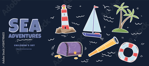 Large set of attributes of a sailor on isolated background. Lighthouse, island with palm tree, yacht, chest of gold, spyglass, lifebuoy. For the design of children`s rooms, postcards, books, parties.
