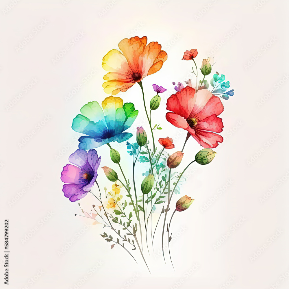 Watercolor rainbow flowers illustration. Botanical art print. Ai generated