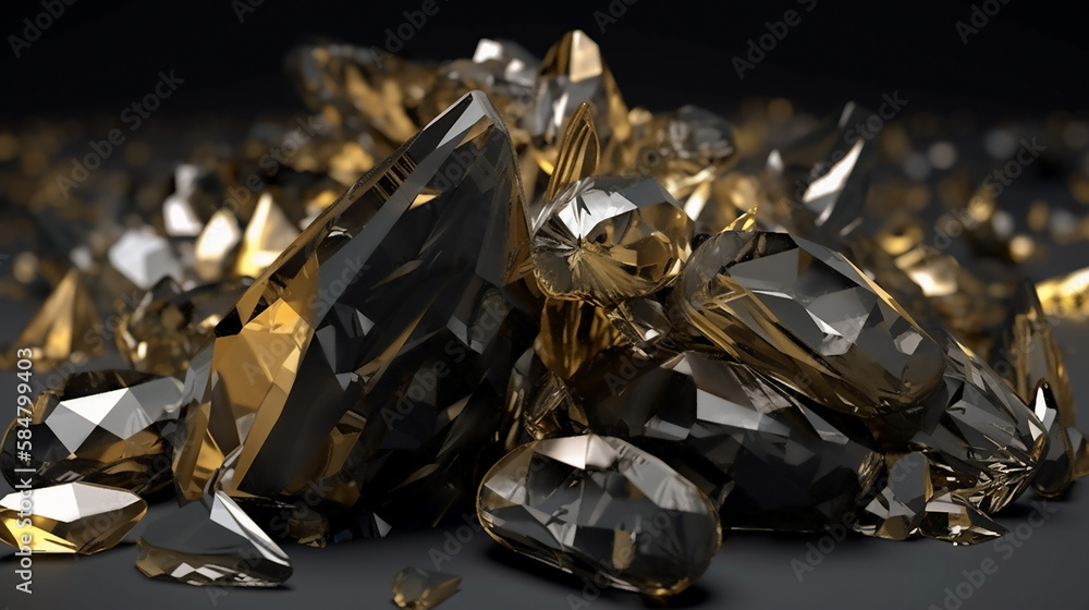 A pile of gold and black diamonds with black background. Generative ai A pile of gold and black diamonds with black background. Generative ai