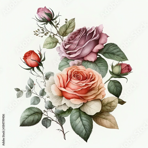 Watercolor roses illustration. Wedding invitation. Botanical art print. Ai generated