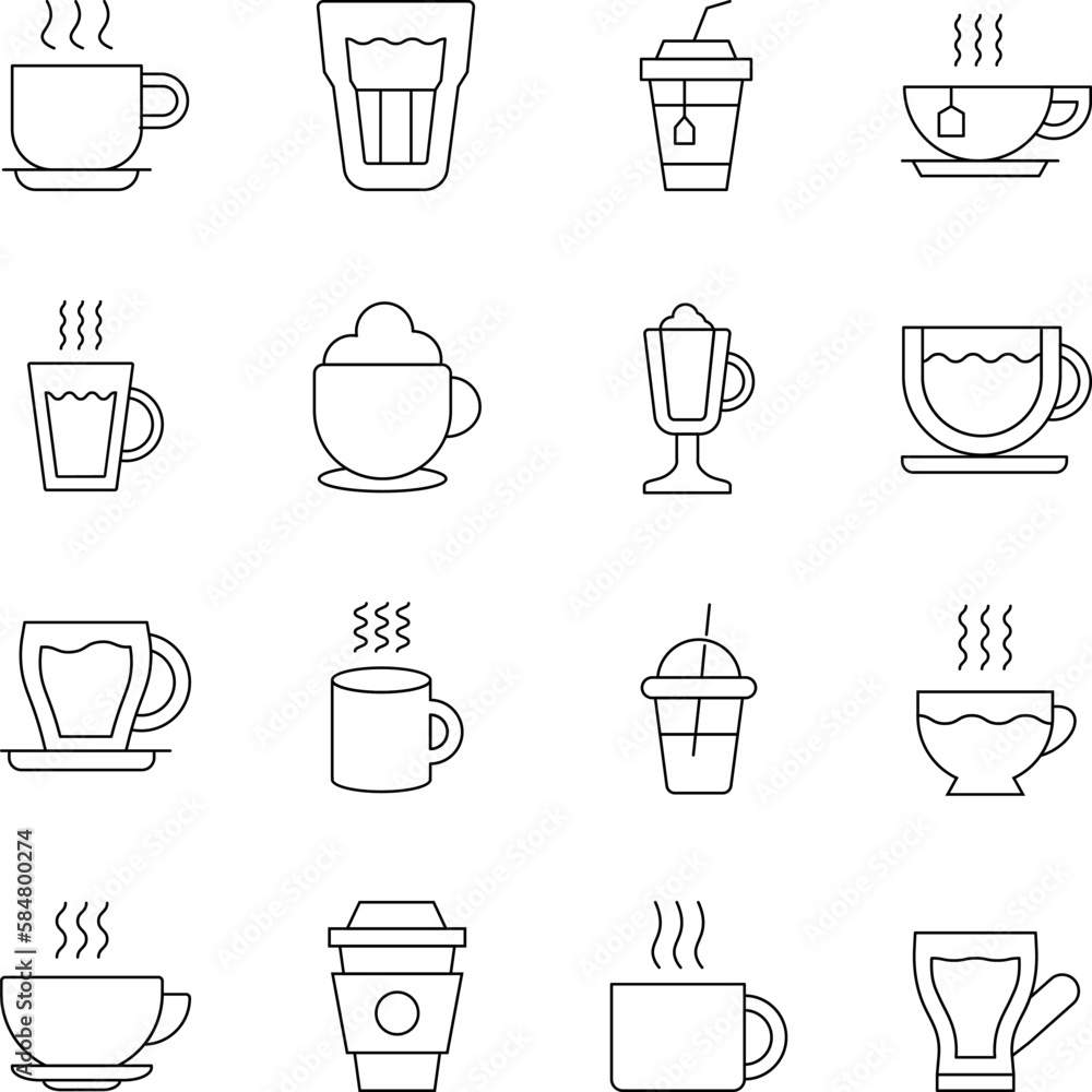 Coffee Cup Line Icon Set. Collection of modern outline vector signs drawn with black thin line. Perfect for using in banners, fliers, business cards, stores, shops - obrazy, fototapety, plakaty 