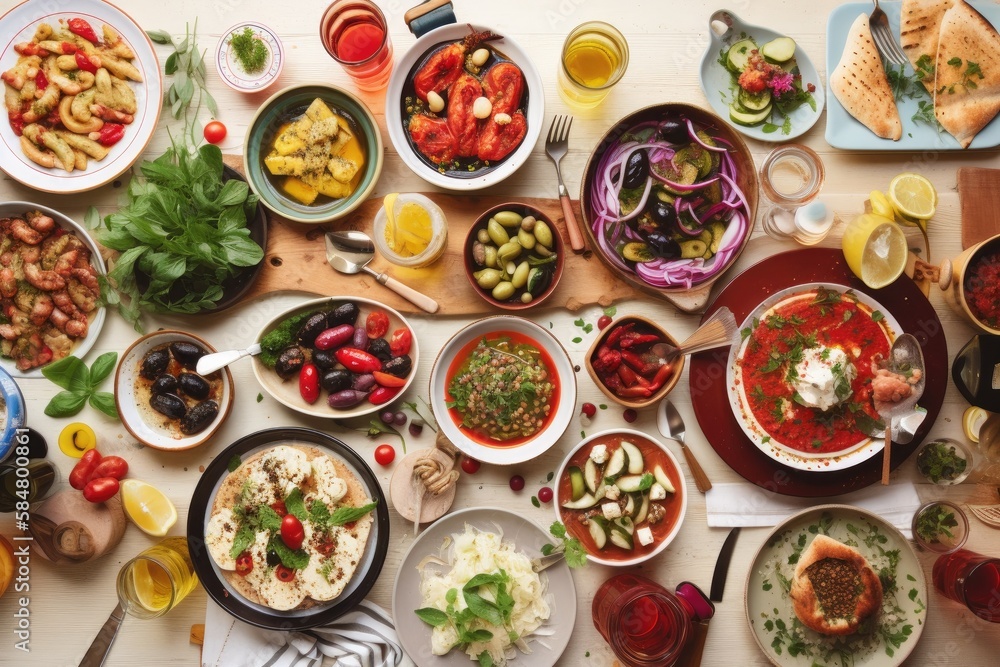 A table full of Mediterranean dishes from a flat lay perspective would likely include an array of colorful dishes such as fresh salads, grilled vegetables, hummus, olives, feta cheese - Generative AI A table full of Mediterranean dishes from a flat lay perspective would likely include an array of colorful dishes such as fresh salads, grilled vegetables, hummus, olives, feta cheese - Generative AI