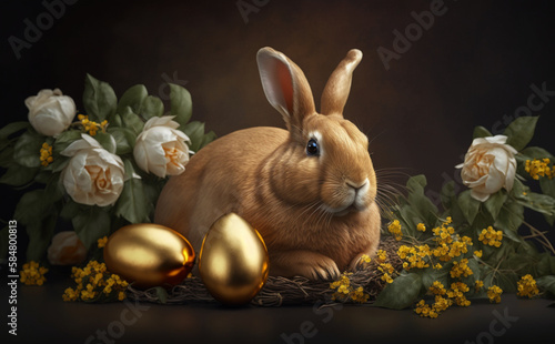 easter bunny with Golden eggs and flowers with a copy space background, Postcard, and greeting card design. Pascha, Happy Easter Day