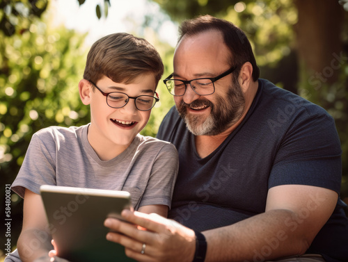 Close-up of an overweight caucasian father and pre-teen son sitting outdoors, looking at an iPad tablet and smiling. Illustration created with Generative AI technology.