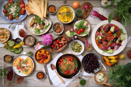 A table full of Mediterranean dishes from a flat lay perspective would likely include an array of colorful dishes such as fresh salads, grilled vegetables, hummus, olives, feta cheese - Generative AI