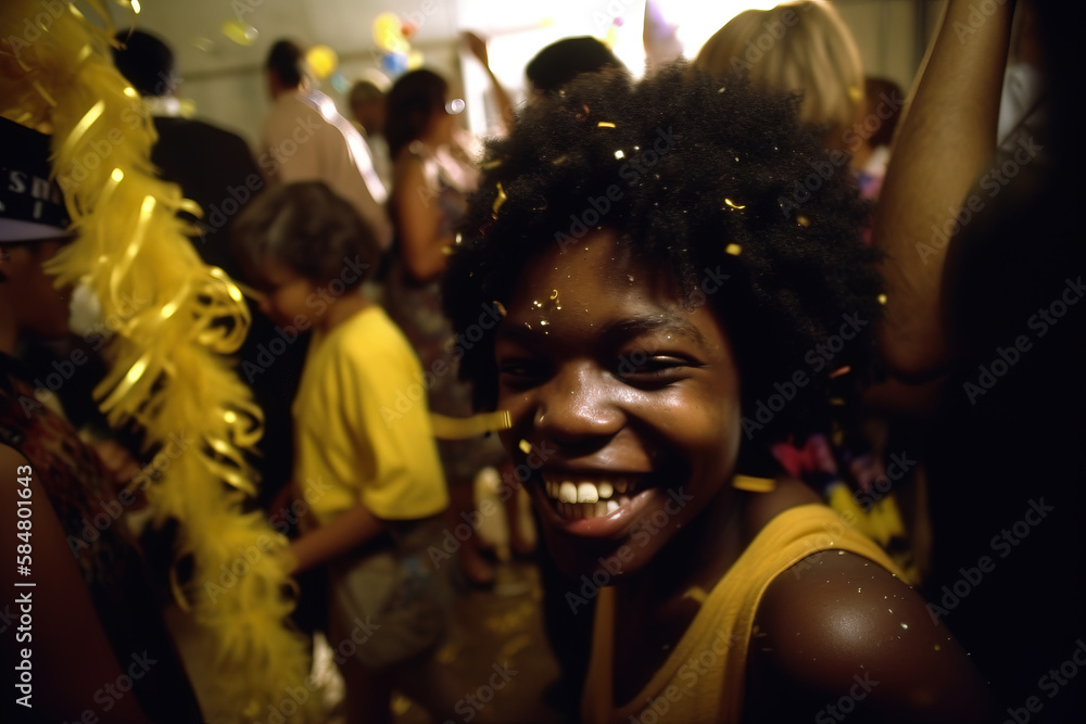 Celebrating happiness, young afro american woman dancing with big smile throwing confetti. Party, holidays and birthday concept. Generative AI
