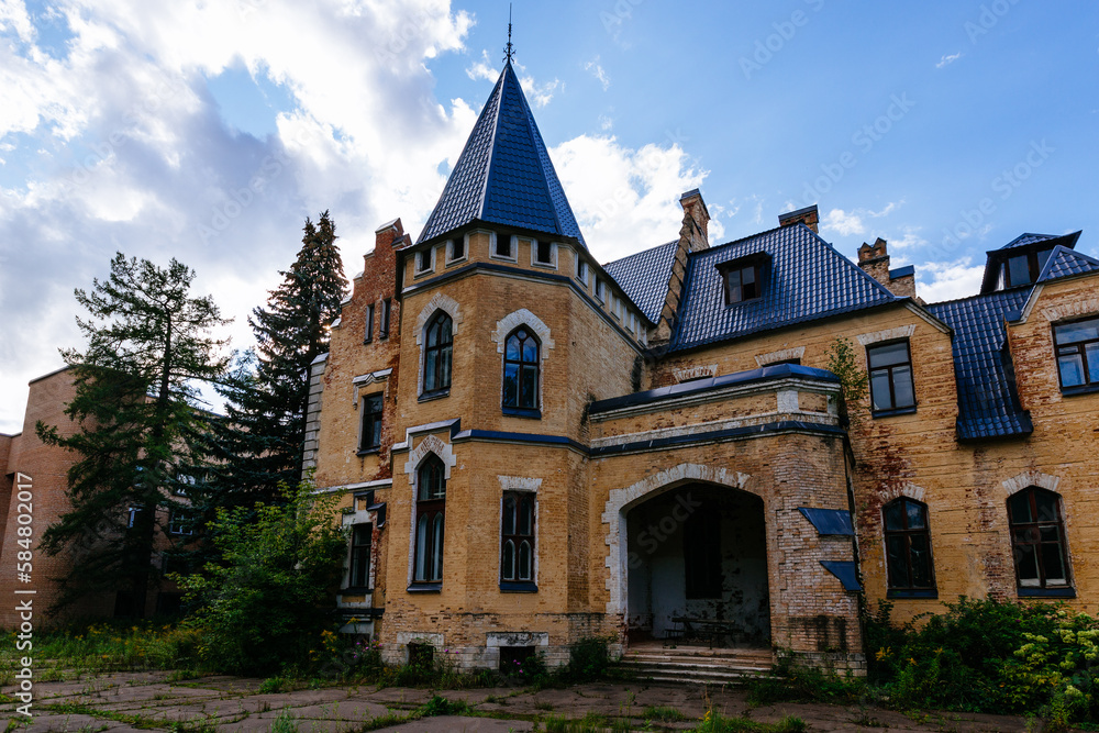 Old abandoned castle in gothic style. Former Philipov manor, Former Manor Uspenskoye, Moscow region