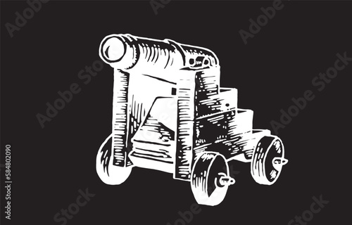 Graphical gun, a type of artillery piece isolated on black background, vector element of military weapon