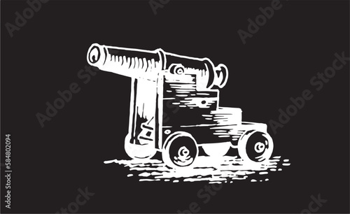 Graphical gun, a type of artillery piece isolated on black background, vector element of military weapon