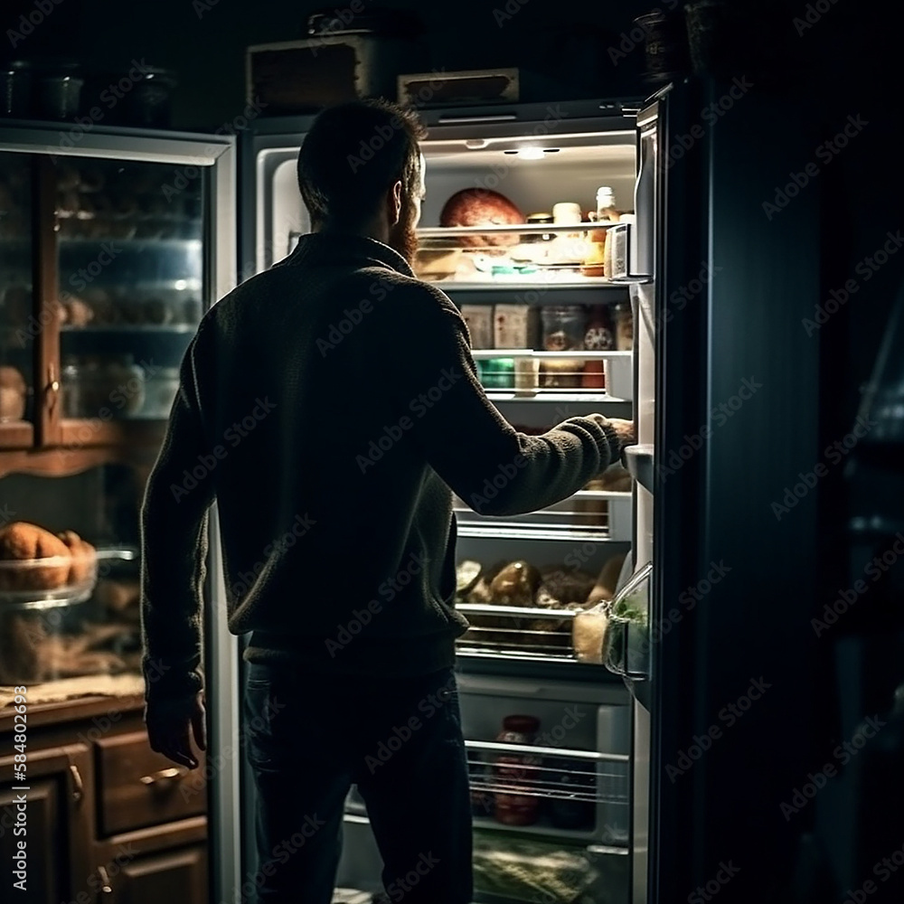 man takes out food from the refrigerator at night, the concept of proper nutrition and a healthy lifestyle, ai generative