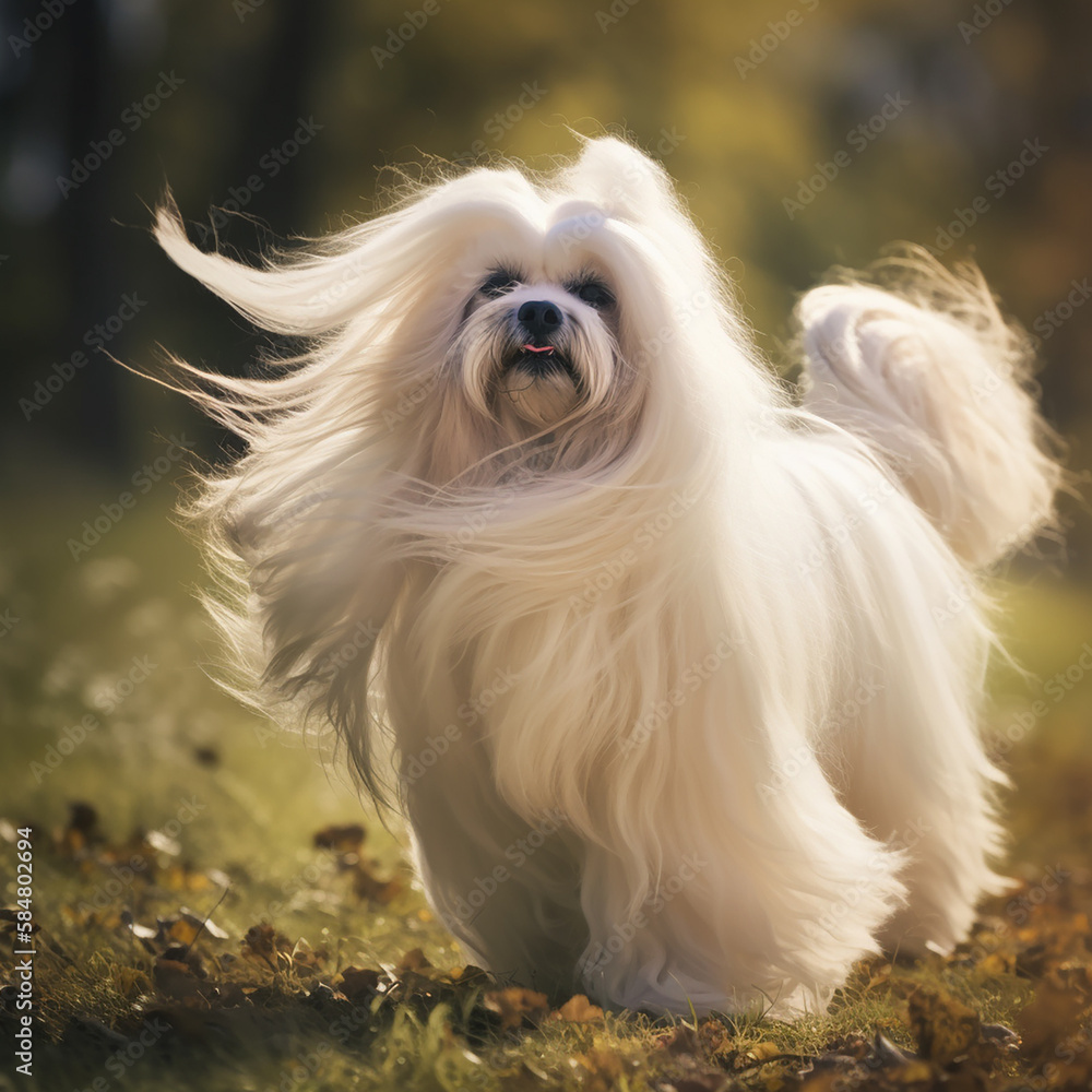 Maltese, dog breed Maltese runs across the field, long white wool flutters in the wind, cute dog, ai generative Maltese, dog breed Maltese runs across the field, long white wool flutters in the wind, cute dog, ai generative