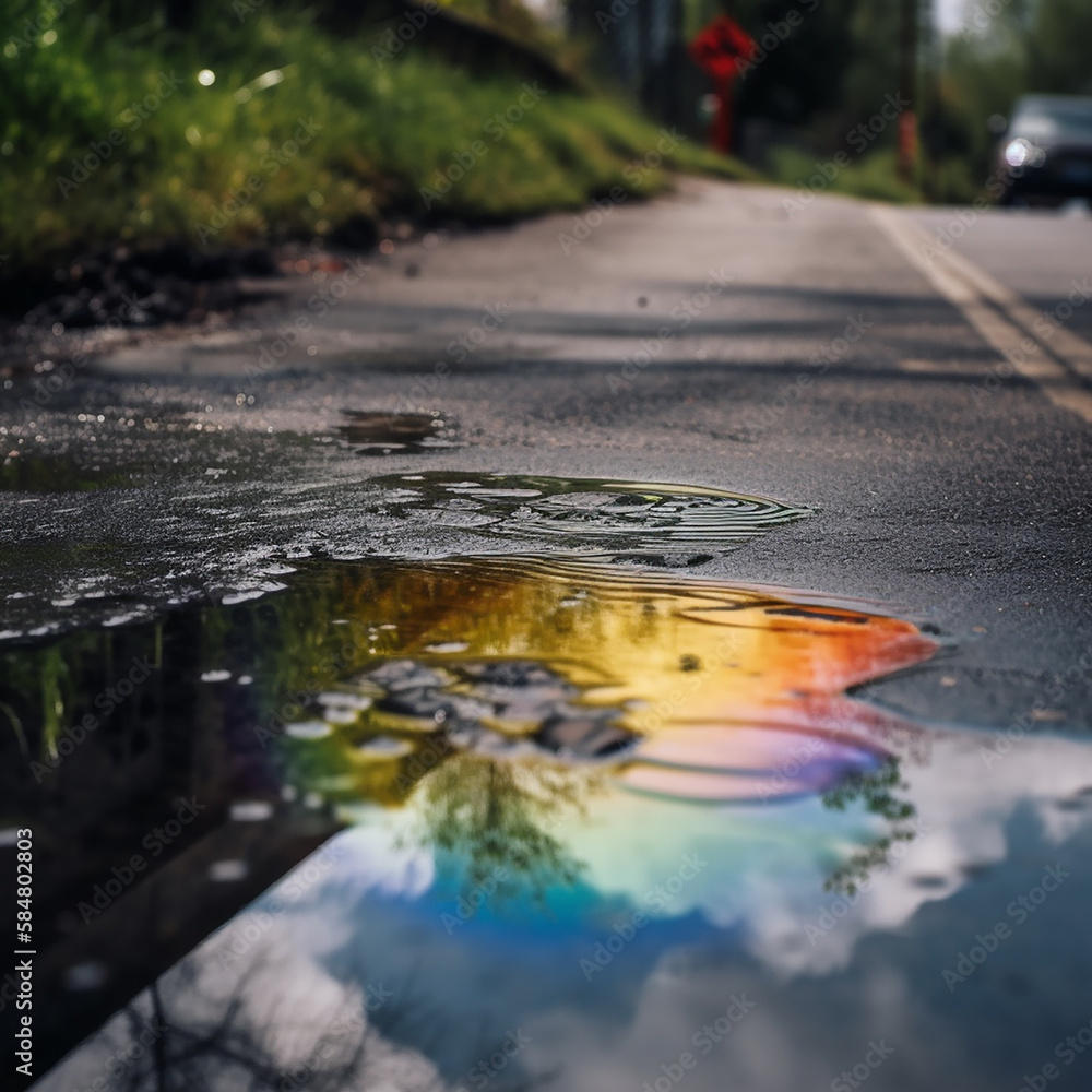 Fototapeta premium reflection of the rainbow and clouds in a puddle after the rain, beautiful spring background, unusual wallpaper