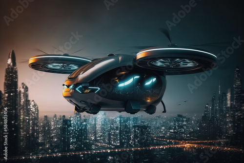 Future of urban air mobility, city air taxi. Concept car. Generative AI