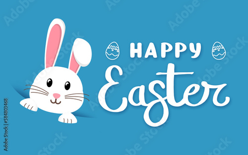 Happy Easter bunny on blue colored background. Easter card with rabbit and eggs. Simple flat 2d design for web banner illustration.