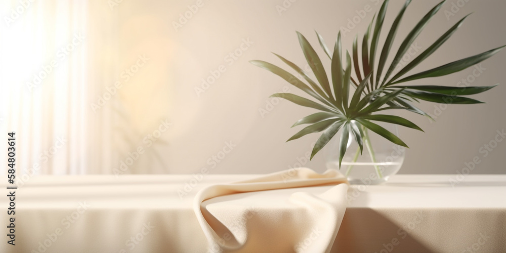 Fototapeta premium Subtle Elegance: Soft Beige Cotton Tablecloth for a Refined Interior. Ai Generated Art. Wallpaper and Background. Concept Art for Architecture and Interior Design.