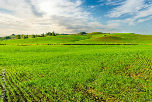 landscape with green grass   country field and beautiful hills and blue sky with clouds
