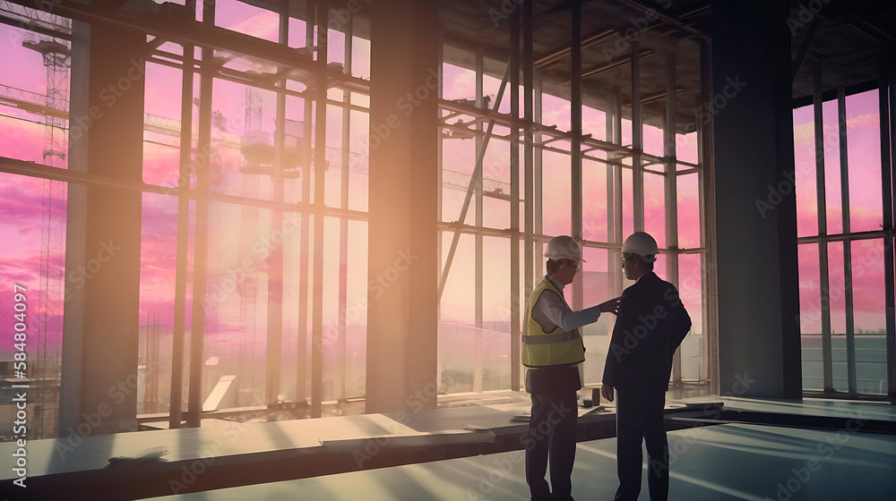 Architect and engineer discussing on construction site with plan. Generative AI. 3