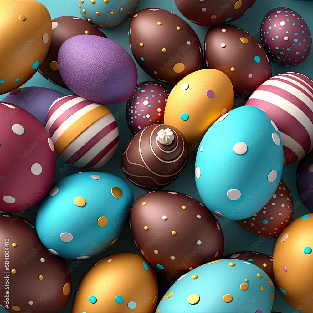 Easter background. Pile of colorful Easter eggs for web banner. Chocolate Easter eggs with decoration. Pool of colored eggs background wallpaper