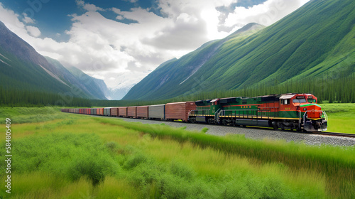 Freight Train Through Scenic Landscape, Shipping Containers Across Green Countryside, Generative AI