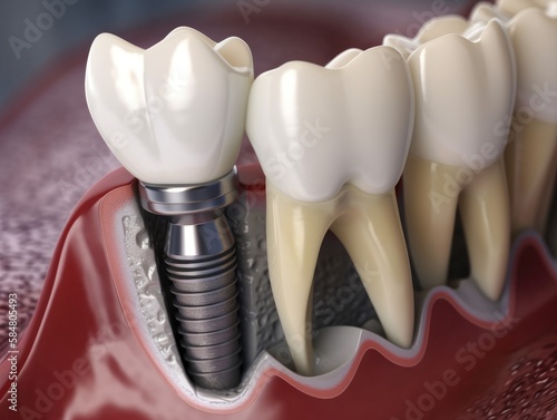 Konzept für Zahnersatz. Demonstrieren der Platzierung eines Zahnimplantats an einem Nahaufnahmemodell der Anatomie der Zähne. Generative AI
