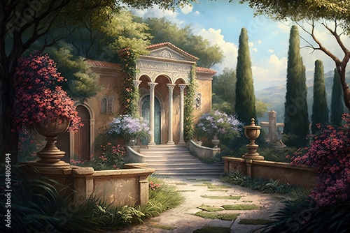 Peaceful Veil of Splendor- A breathtaking Villa Garden Scene Generative AI