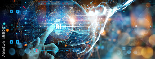 AI, Machine learning, innovation and futuristic.Hands of robot and human touching on big data network connection background, Science and artificial intelligence technology,