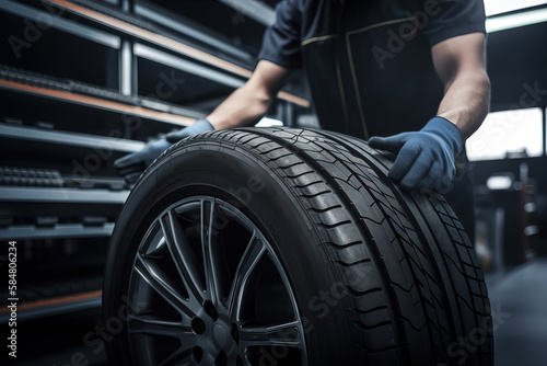 tire at repairing service garage background. Technician man replacing winter and summer tire for safety road trip. Transportation and automotive maintenance concept. Generative ai © artem