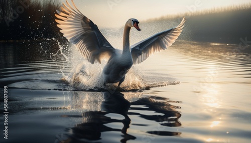 Fototapeta Naklejka Na Ścianę i Meble -  a photo of a swan landing in the water, Generative IA