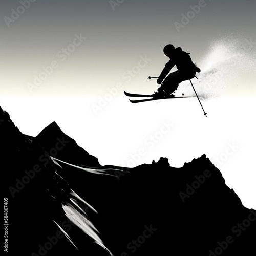 silhouette, sport, ski, winter, skiing, vector, snow, skier, people, illustration, sports, golf, action, black, player, fun, cold, competition, boy, mountain, extreme, activity, generated ai